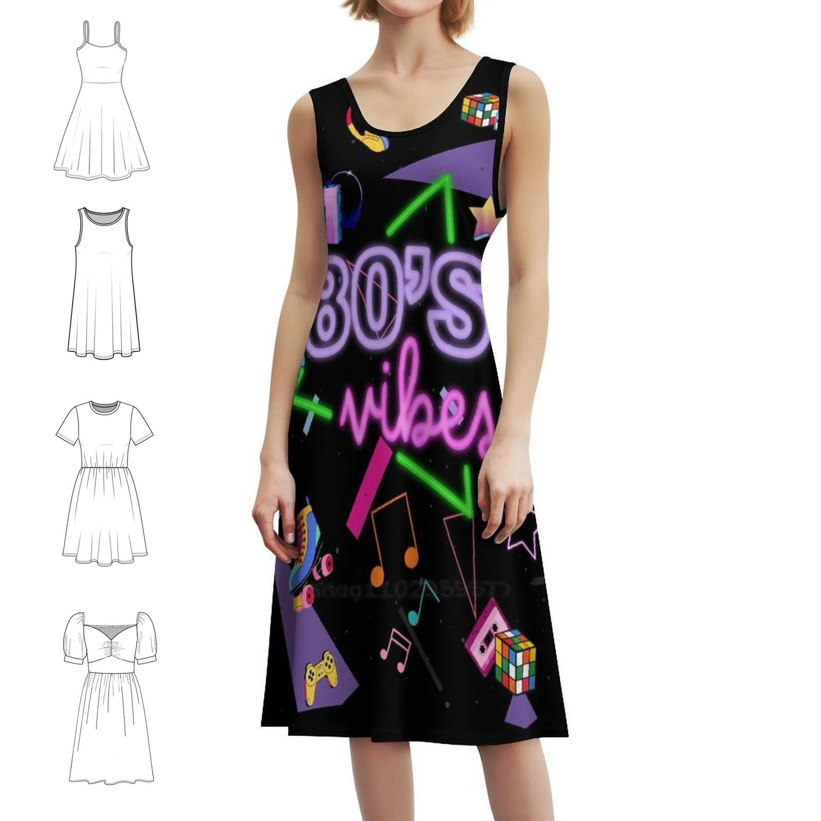 

80S Vibes Vintage Bohemian Dress Puff Sleeve Or Sleeveless Options For Women Dress 80S Vibes Retro Funny Nostalgia Cool Female