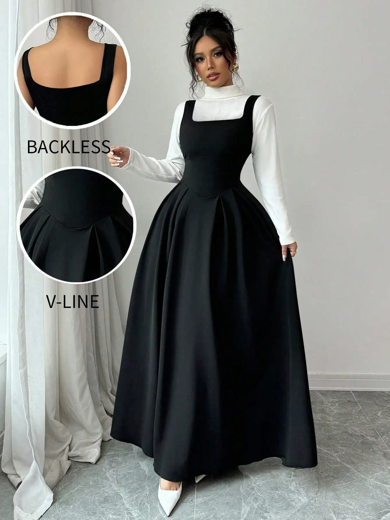 

Черное макси-платье А-силуэта с квадратным вырезом, открытой спиной и V-образной талией для осени и зимы