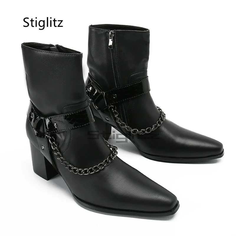 Black Genuine Leather Chains Chelsea Boots Men's High Heels Ankle Boots Circle Buckle Side Zip Handmade Office Dress Shoes
