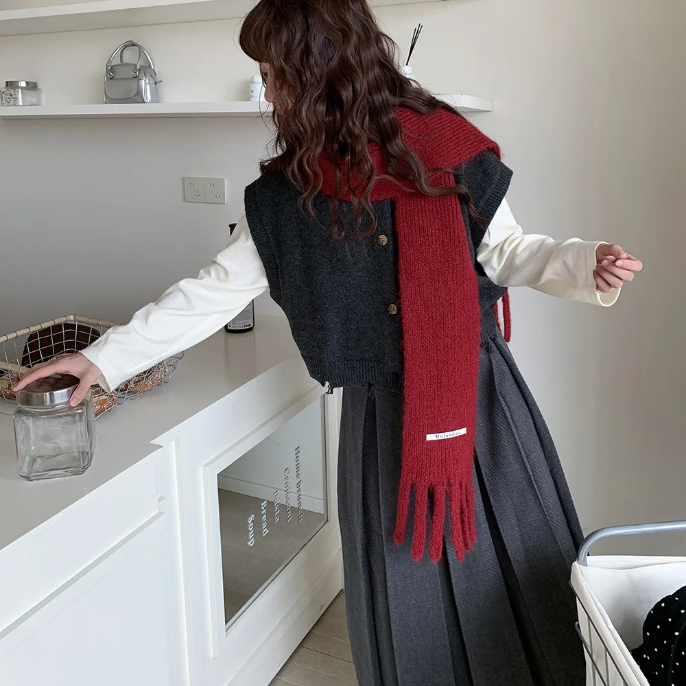 Winter Scarf for Women Solid Color Wool Blend Knitted Wrap Long Warm Scarf for Travel Office Warm Tassel Scarves Neckercheif