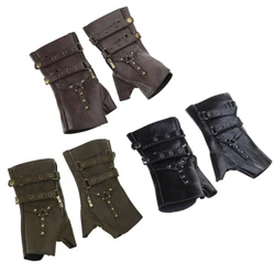 Men Steampunk Half Finger Gothic Gloves Rivet Fingerless Mittens Leathers Mitten