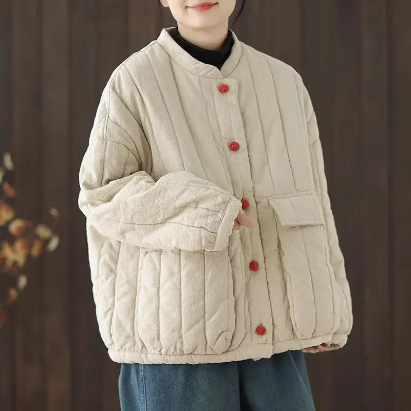 Cotton And Linen Women's Quilted Jacket 2025 New Autumn And Winter Retro Chinese Style Short Thick Casual Padded Coat Top K2675