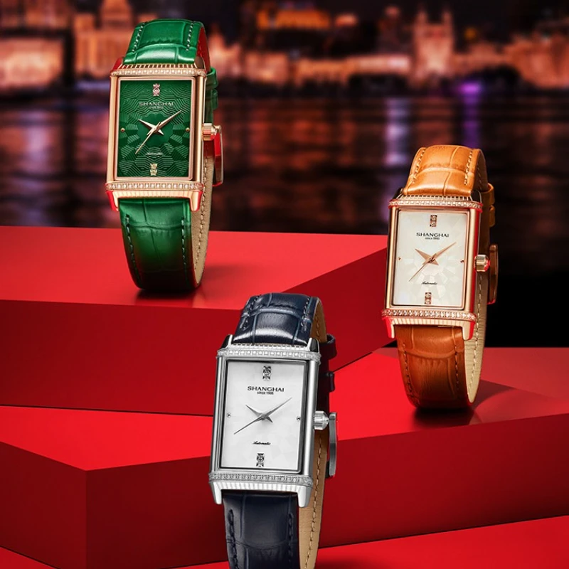 

Женские механические часы Shanghai Watch Metropolis Mirror Yao с двойным рядом бриллиантов, квадратным корпусом и зеленым циферблатом класса люкс