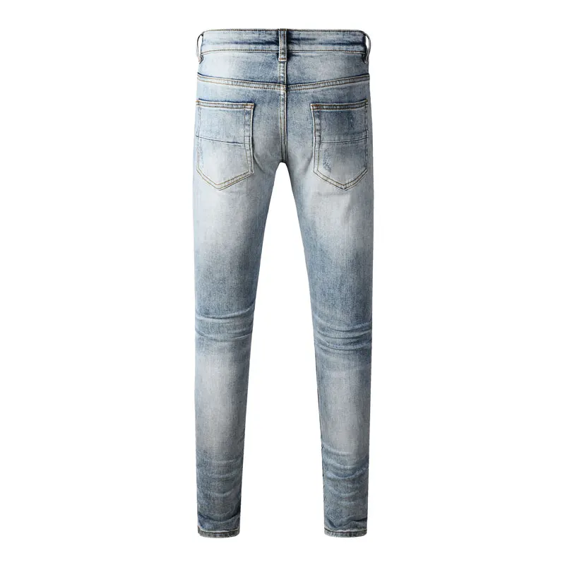 Men's High Street Fashion Washed Nostalgic Stretch Slim Fit Jeans Light Blue Perforated Cashew Flower Patch High Quality