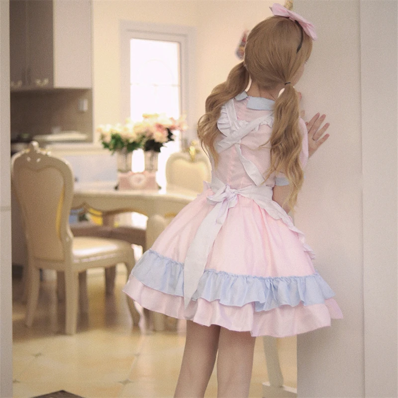 Tenue Lolita de Style Dopamine Rose, Costume de Cosplay de Maid d'Anime Japonais, Mini Robe à Manches Bulles et Ensemble de Tablier à Nministériels d Doux