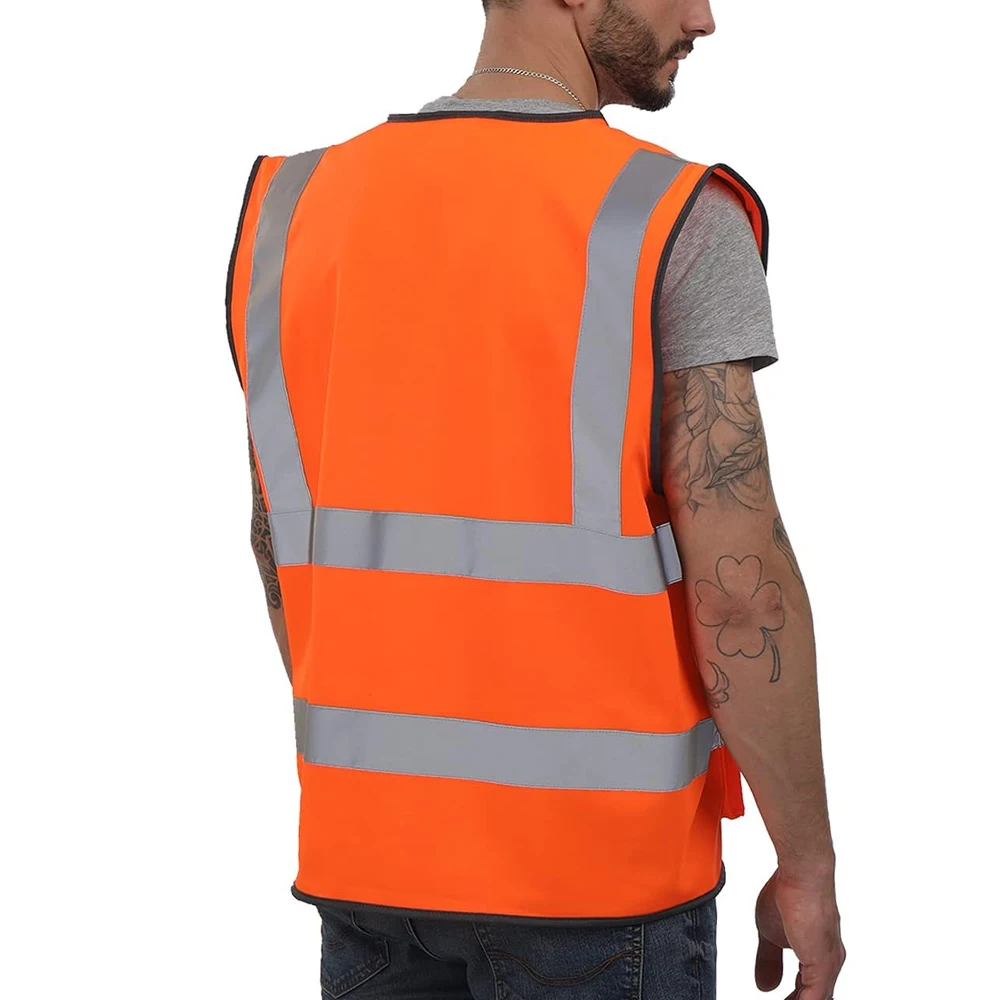 เสื้อกั๊กนิรภัยสีส้ม Hi VIS สำหรับผู้ชายและผู้หญิงเสื้อกั๊กก่อสร้างมองเห็นได้ชัดเจนเสื้อผ้าทำงานมีแถบสะท้อนแสง