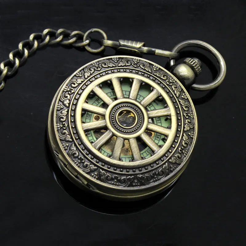 Orologio da tasca meccanico luminoso di lusso bronzo ruota cava avvolgimento a mano tasca Steampunk catena appesa orologio antico migliori regali