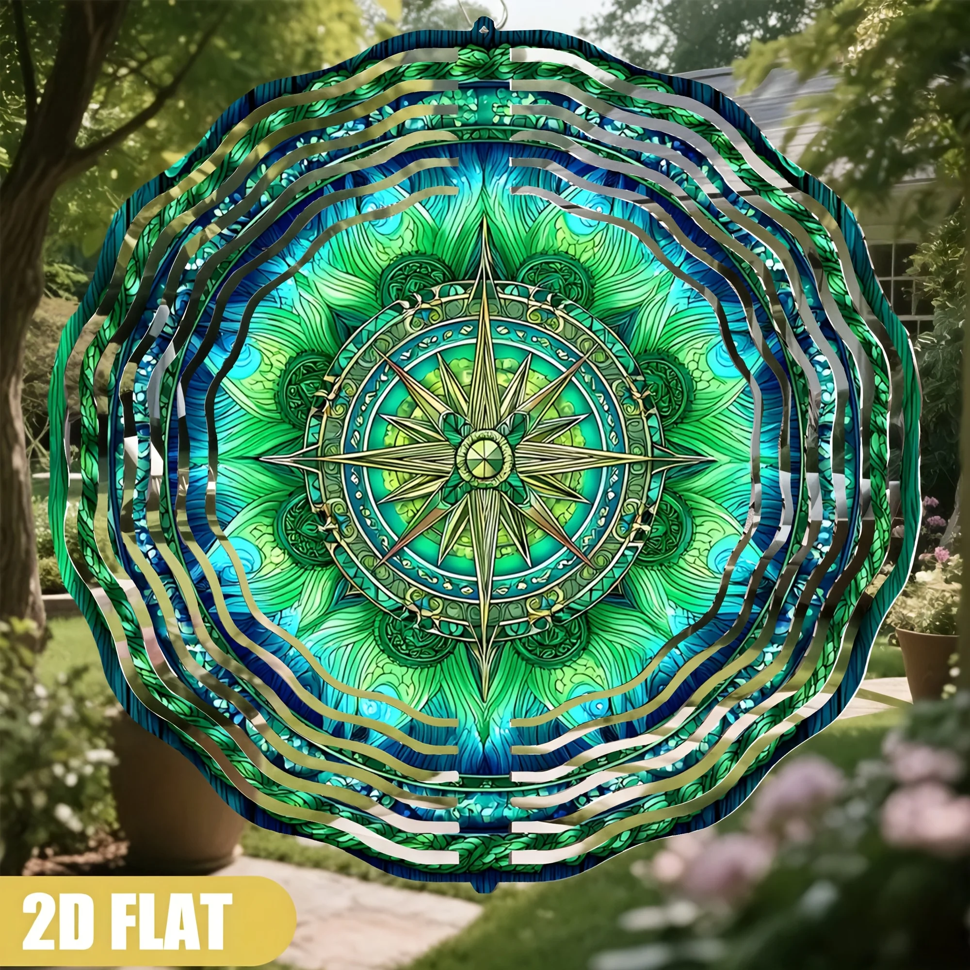 Enchanted Mandala Wind Chime with Compass Rose, Turquoise Metal Garden Art for Outdoor Patio, Meditation Decor Unique Gift