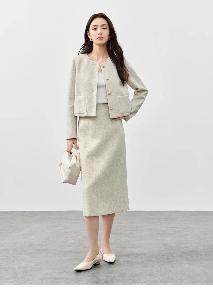 SENTUBILA Tweed Gonne dritte per le donne 2025 Primavera Autunno AAalbicocca Miscela di lino Slit-hem Pendolarismo Elegante gonna semplice 151Q58662