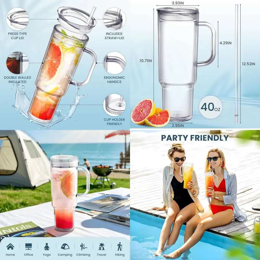 Vaso de plástico transparente de doble pared con asa, tapa de paja y juego de tazas de viaje reutilizables (paquete de 4)