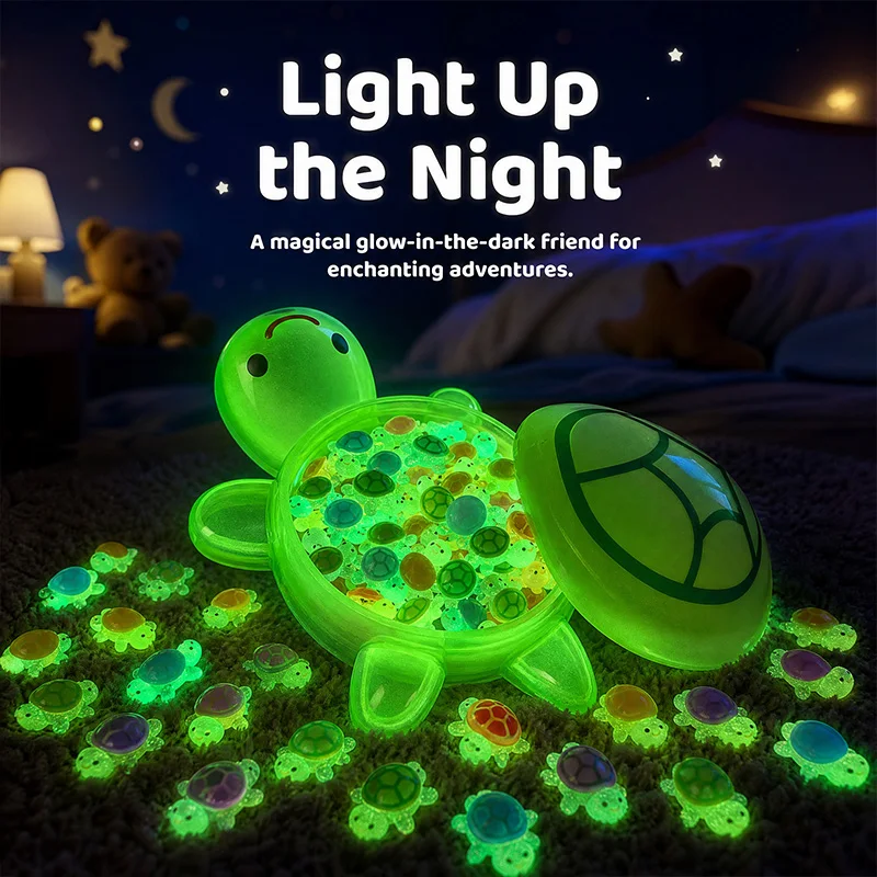 1set Large Luminous Turtle Storage Box with Mini Colorful Turtles DIY Desktop Ornament for Home Garden Fish Tank Decoration Gift