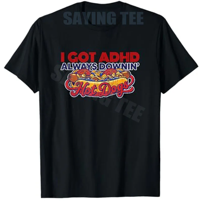 Camiseta Vintage con Frase 'I Got Adhd Always Downin Hot Dogs', Estilo Y2K, Energía Caótica y Rápida, Chiste Divertido, Sarcasmo, Ropa para Hombre, Regalos