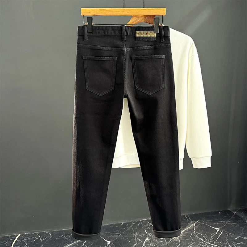 

Осенне-зимние бархатные черные джинсы для мужчин, высококачественные эластичные облегающие джинсы с защитой от выцветания, модные легкие роскошные теплые брюки