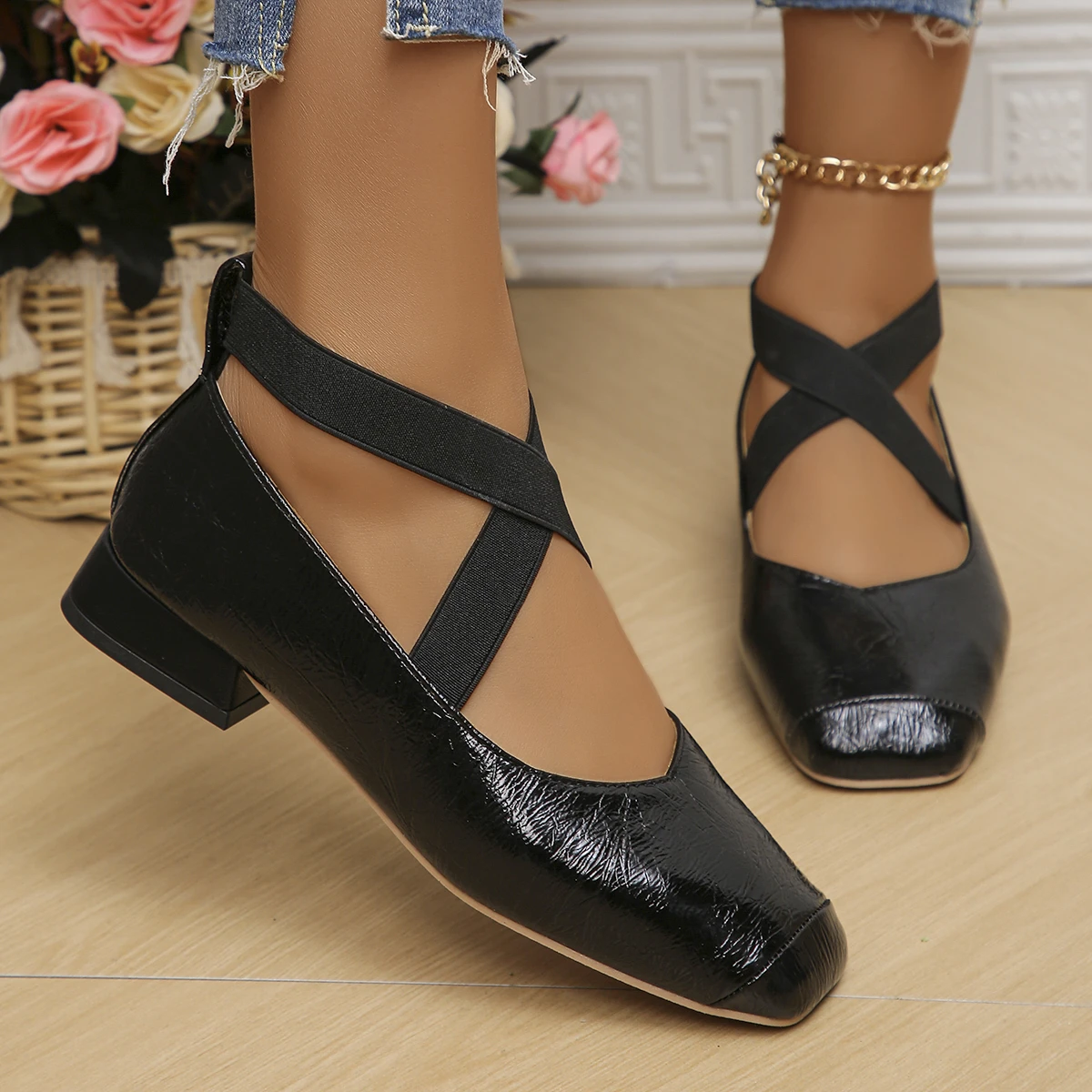

New Design Mary Jane Shoes Women Elegant Square Toe Flats Summer Outdoor Elastic Band Sandal 2024 Fashion Ladies Shoes
