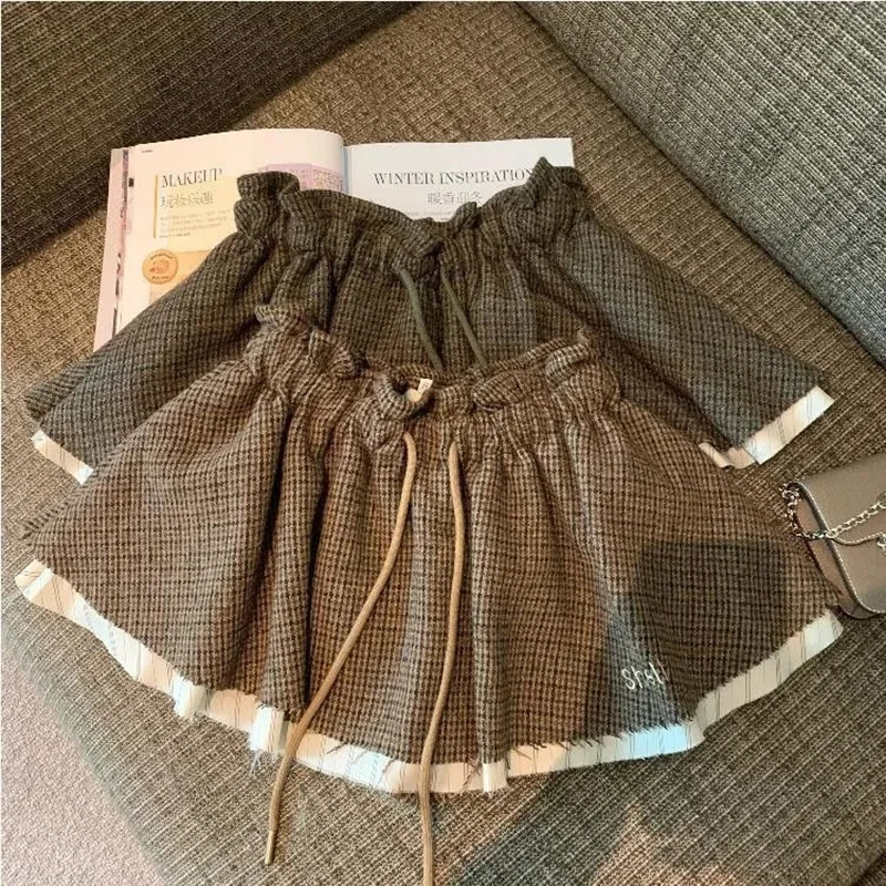 

Vintage Preppy Mini Skirt Women Hottie Plaid High Waist A Line Patchwork Skirts Sweet Folds Lace Up Spring Summer Cake Skirt New