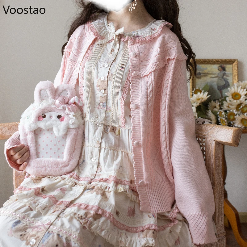 

Японский кавайный стиль Лолита, вязаный кардиган, женский винтажный милый свитер с оборками и круглым вырезом, длинными рукавами, пальто, повседневные топы Y2k для девочек