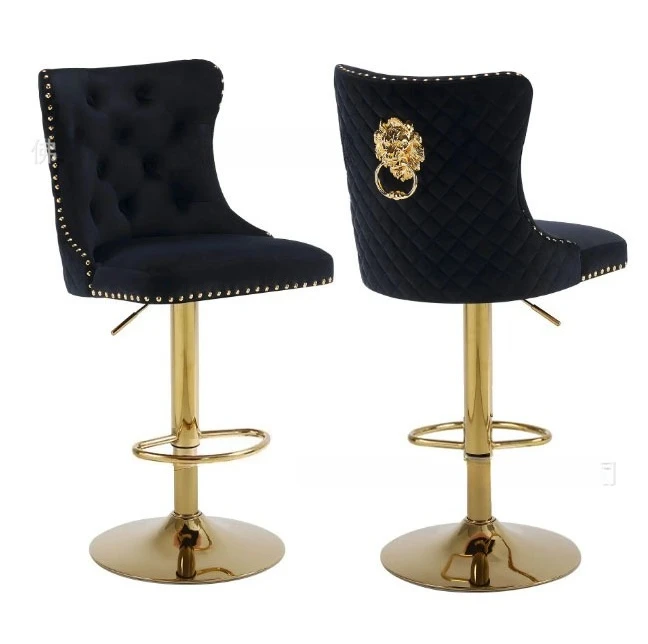 Luxury Tufted Lion Knocker Nailed Velvet  Sliver Gold Base Swivel Metal High Chair Bar Stool for Bar Table with Back Rest