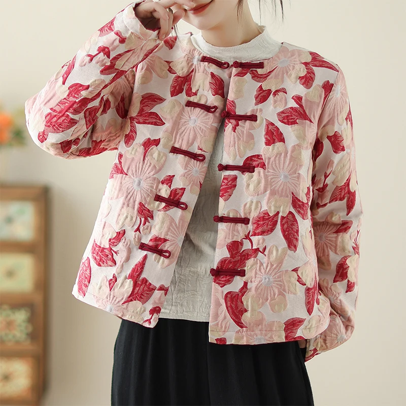 

Elegant Embroidered Cotton Jacket Short Style Warm Loose Chinese Style Top Women's Fashion Cotton Coat Half High Collar Long ...