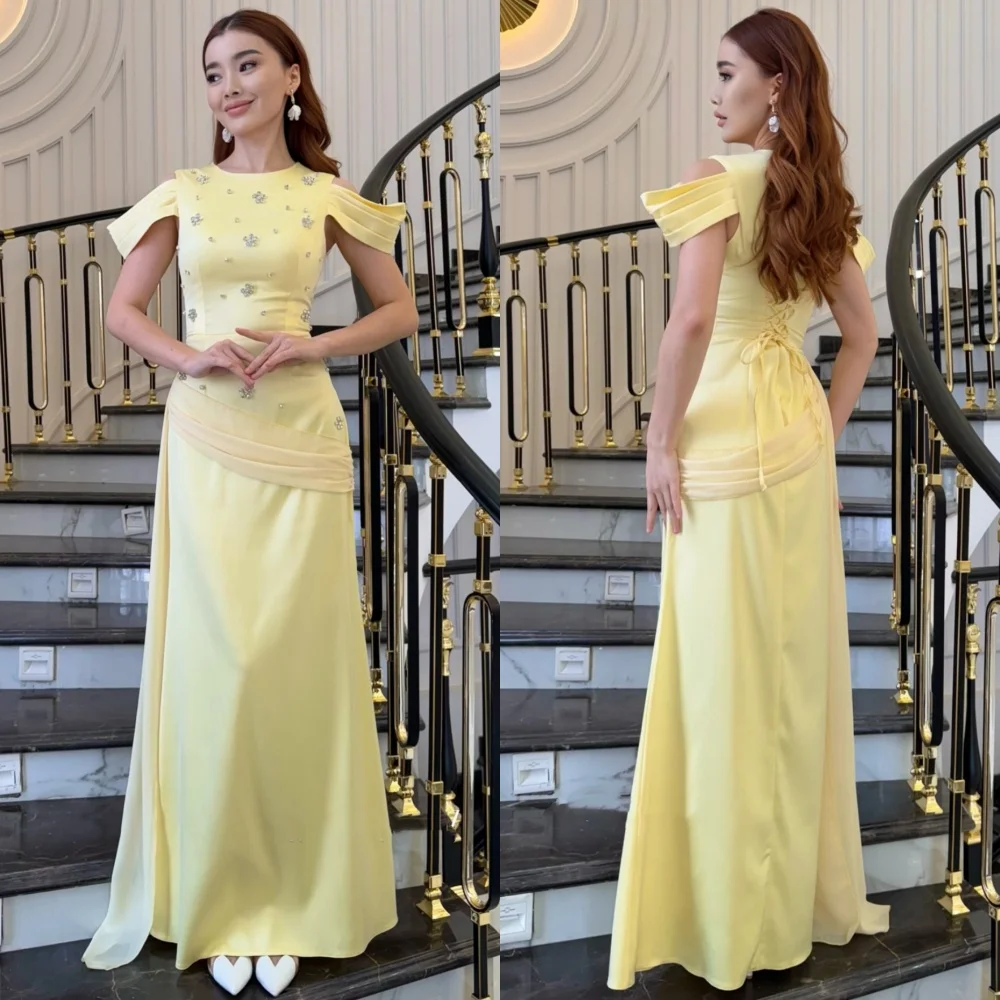 

Customized Intricate Matching Jersey Sequined Pleat A-line Scoop Neck Long Dresses Bespoke Occasion Casual