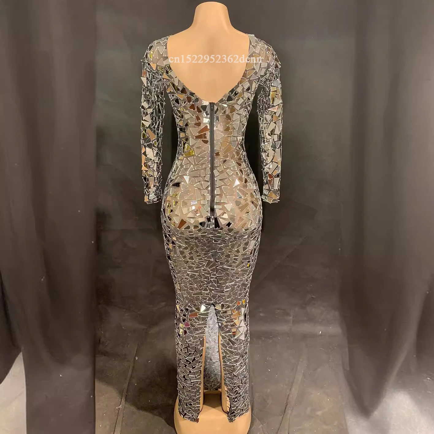 ชุดเดรสยาวตาข่ายสีดำประดับกระจกเงา สำหรับงานเลี้ยงตอนเย็น งานวันเกิด งานแสดง