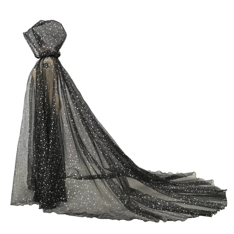 Gothic Punk Cloak Soft Tulle Capes Halloween Costume for Women Starry Stars Party Floor Length Cloak with Hood Cape K