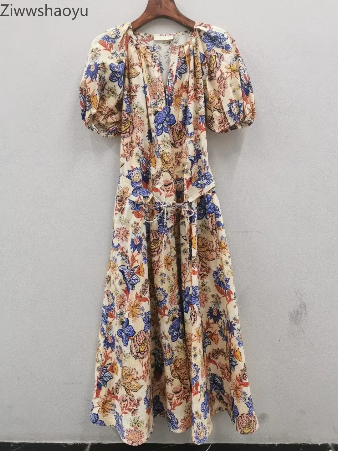 

High Quality Autumn Women Fashion Runway Designer Cotton Printed Waist Lace-up Fashion Vintage Short Sleeve Midi Dress
