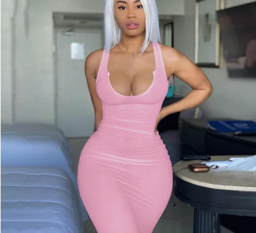 Frauen Sommer Ärmelloses Strick Tiefem V-ausschnitt Kleid Sexy Abend Party Einfarbig Lange Schlanke Leibchen Dresse Weibliche Vestidos Roben