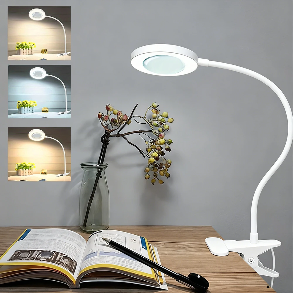 LED Magnifying Lamp with Clip, 10x Magnification, 3 Color Modes, Adjustable Brightness, Flexible for Reading, Painting, Crafting