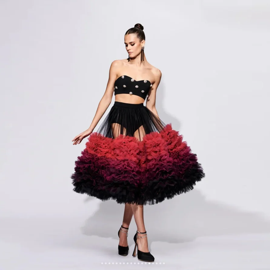 

Fashion Gradient Colors Party Tulle Skirts Midi Length falda Gothic Bridal Ruffled Tulle Skirt Women A-Line Tiered