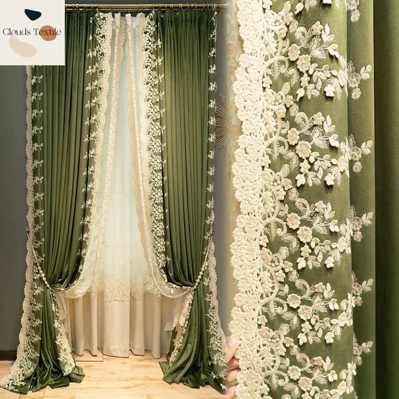 

Green Customize Velvet Fabric High-end Light Luxury Blackout Embroidered Curtains for Living Dining Room Bedroom Thickened