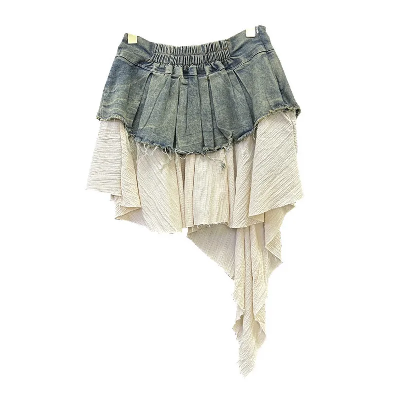 HKSH Spring Summer New Women Skirt Denim Patchwork Pleated Color Block Asymmetric A-Line Retro Elegant Chic Short Skirts HK17048