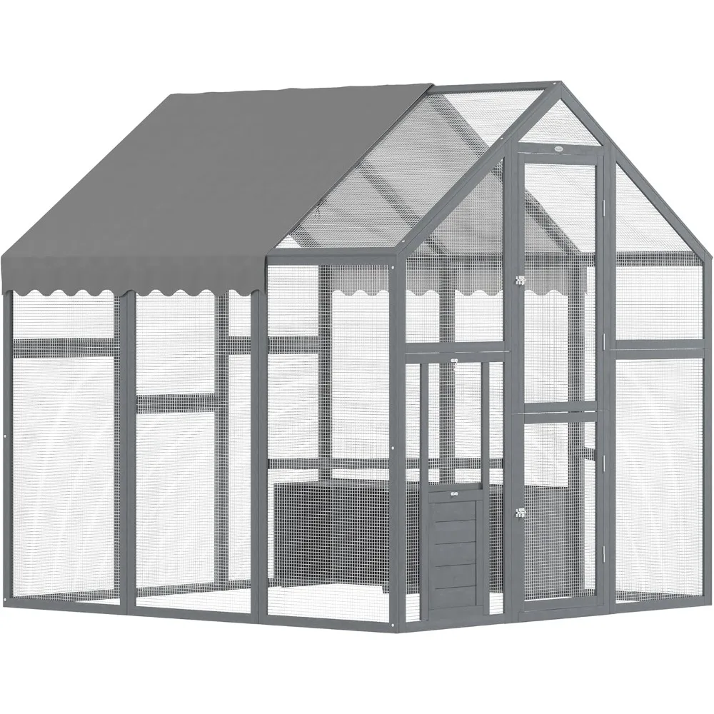 Large Chicken Run, Wooden Chicken Coop with Waterproof & Anti-UV Cover, Split Door, 2 Nesting Boxes, 2 Roosting Bars