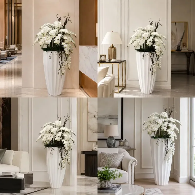 Luxury Faux White Orchid Flower Arrangement Set in Designer Pots for High End Residential and Commercial Interiors