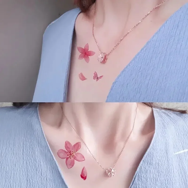 30pcs/set Women Water Transfer Tattoos Aesthetic Pink Flower Cat Peach Blossom Temporary Tattoo Stickers for Face Ankle Clavicle