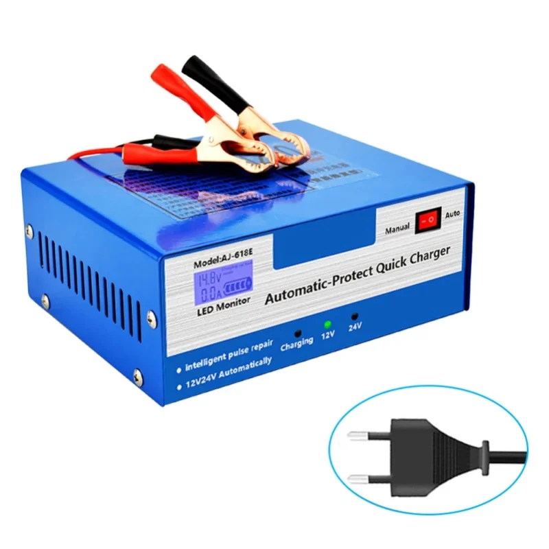 Podofo 10A Autobatterie-Ladegerät mit EU-Stecker und Adapter, intelligentes Pulsreparatur-Ladegerät für Blei-Säure-Batterien, geeignet für Calcium-, Gel-, Nassbatterien für Auto, LKW, Motorrad,