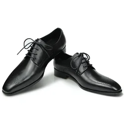 Derby Luxury Men Shoes Brogues for Wedding Classic Black Office Genuine Leather Lace Up Dress Pointed Customized Service Adult