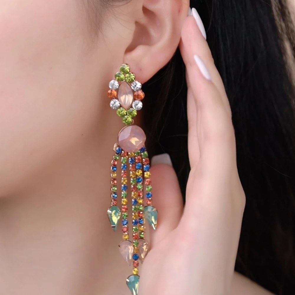 

Women Long Tassel Earrings Celebrity Colored Zircon Crystal Girl Dangle Green Wedding Bride Jewelry Free Shipping Luxury Quality