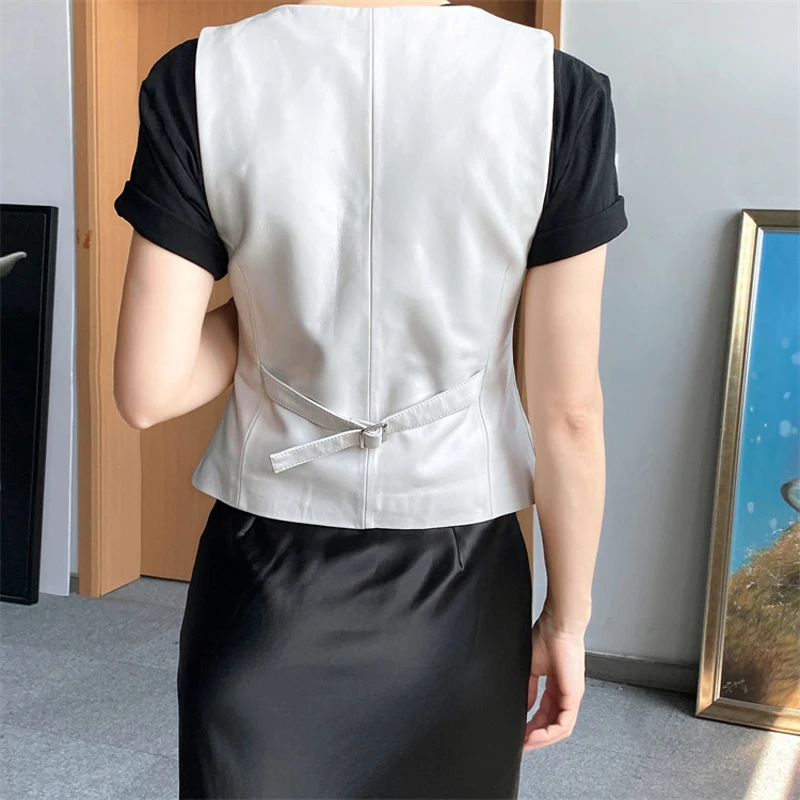 Leather Top Clothing Women 2024 Autumn Winter Female White Casual Short Suit Vest 100% Sheepskin Waistcoat Dress Colete Feminino