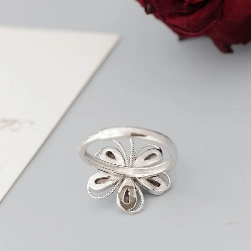 Vintage Bohemian Fashion Natural Freshwater Pearl Ring Natural Black Shell Delicate Flower Shape 925 Sterling Silver Rings