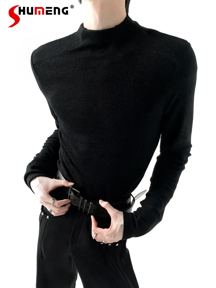 

Men's 2025 Autumn Winter New High-End T-Shirts Trendy Slim Fit Half Turtleneck Base Shirts Male Handsome Simple Long Sleeve Tees