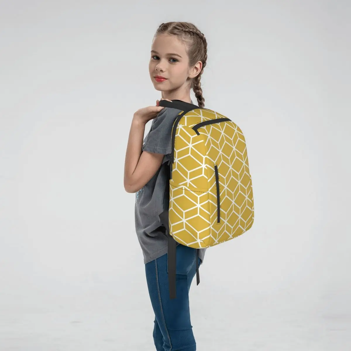 Honeycomb Geometric Lattice In White And Light Mustard Yellow Backpack Large Capacity Boys Girls BookBag School Bag Shoulder