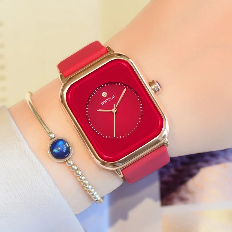 WWOOR Luxury Brand Red Square Watch For Women Quartz Watch Elegant Dress Ladies Wristwatch Simple Female Clock Relogio Feminino