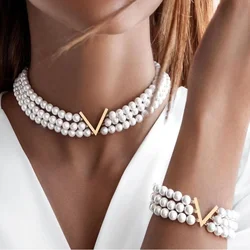 Multilyer Pearl Bracelet Necklace Set Wedding Party Dainty Fashion Jewelry Gifts for Women Teen Girls Birthday Valentine's Day