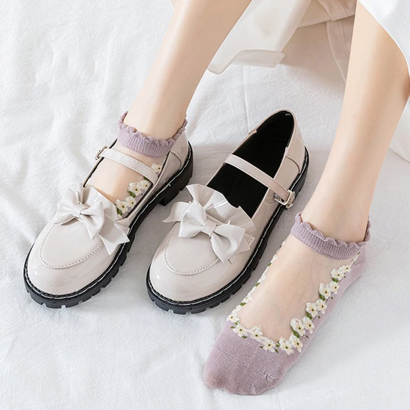 7 Pairs Women Floral Printed Transparent Socks Fashionable Cute Lace Sweat Absorbing Breathable Soft Comfortable Casual Socks image 5