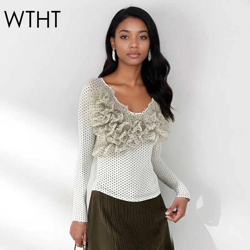 

WTHT модная женская эластичная футболка в горошек с рюшами по краям, осенняя мода 202, новые топы с v-образным вырезом и длинными рукавами, женские 1LS2580