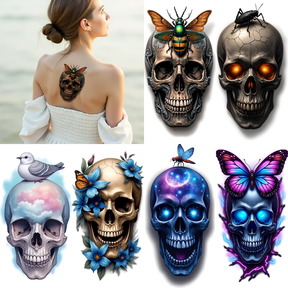 

3pcs Temporary Tattoo Waterproof Long-lasting Body Stickers Bee Skull Floral Skull Butterfly Skull For Men Arms Adults