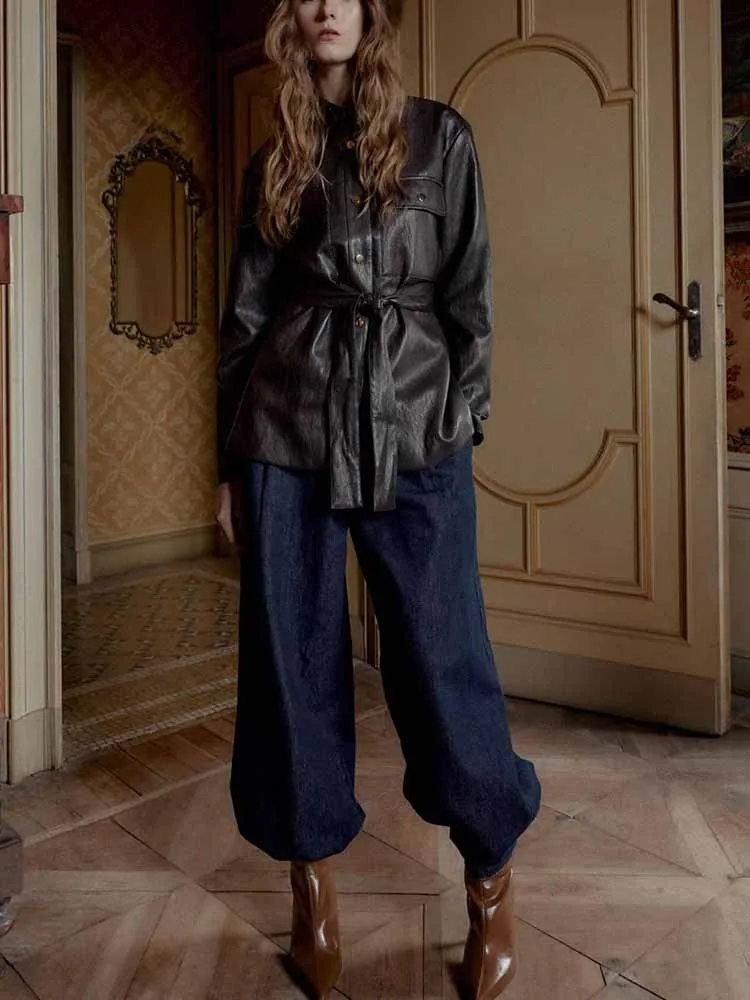 

European and American style winter new arrival fashionable and simple women's lapel long-sleeved belted faux leather jacket