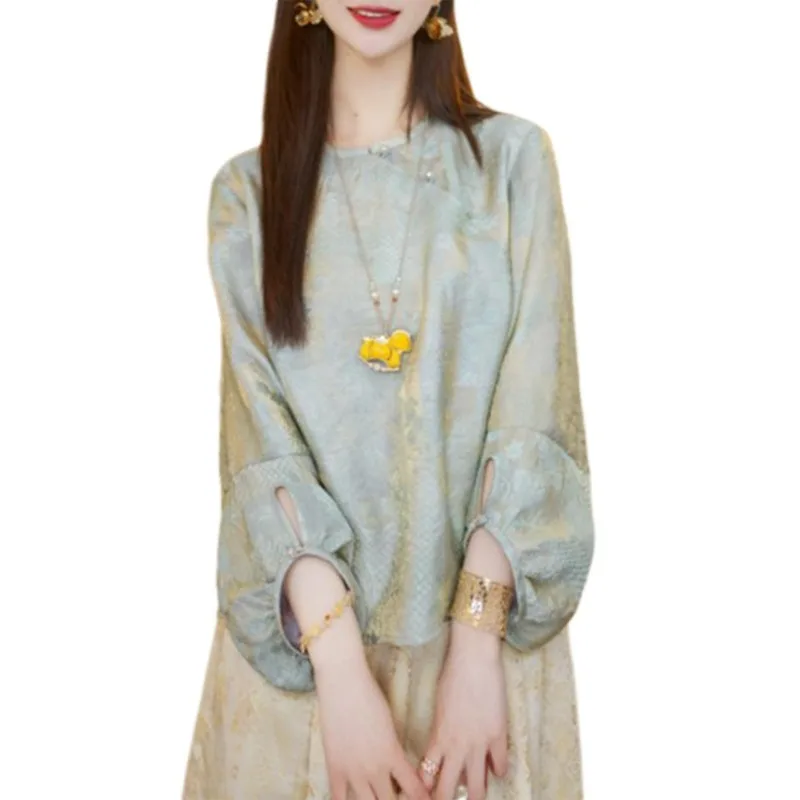 New Chinese-style Improved Slanted Button-down Shirt for Women Summer New Loose Retro Jacquard Blouse Traditional Chinese Style
