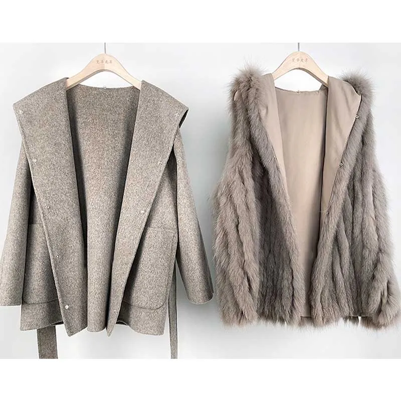 2023 Women Winter Natural Fur Coat With Real Fox Fur Belt Slim Vest Outwear Hooded Wool Cashmere Outwear Female Coat Full Sleeve