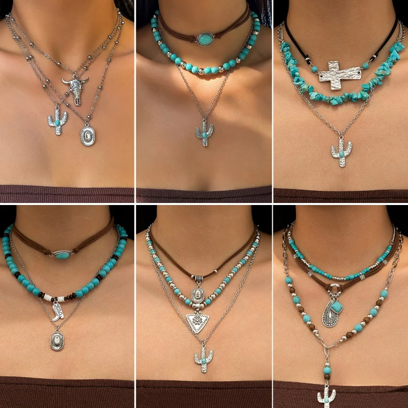 

European And American Choker Retro Imitation Turquoise Clavicle Chain Niche Beaded Suit Ethnic Style Cactus Necklace